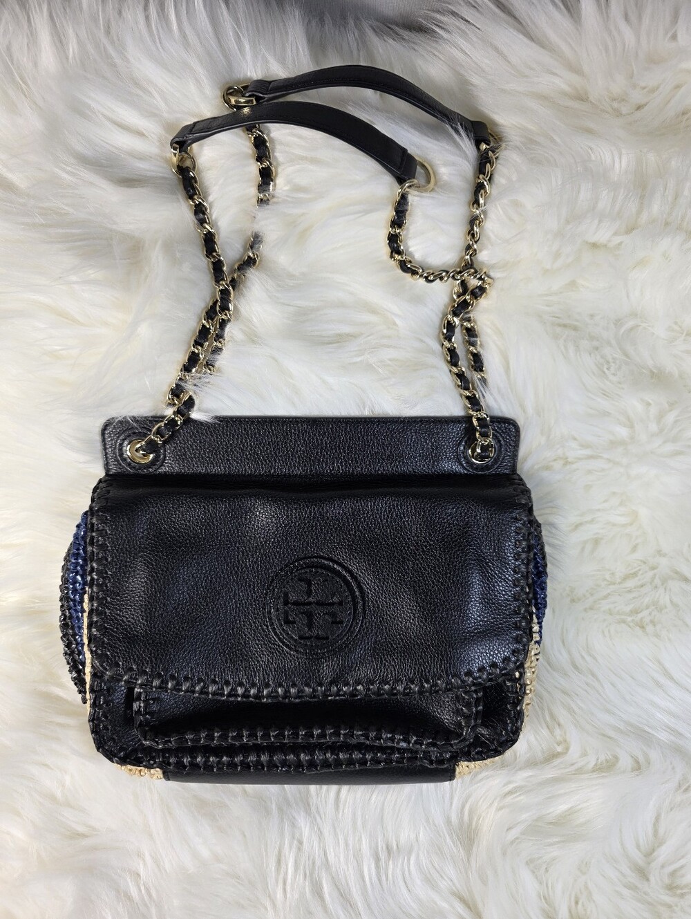 Tory Burch "Small Marion" Crochet Straw Saddlebag Like New